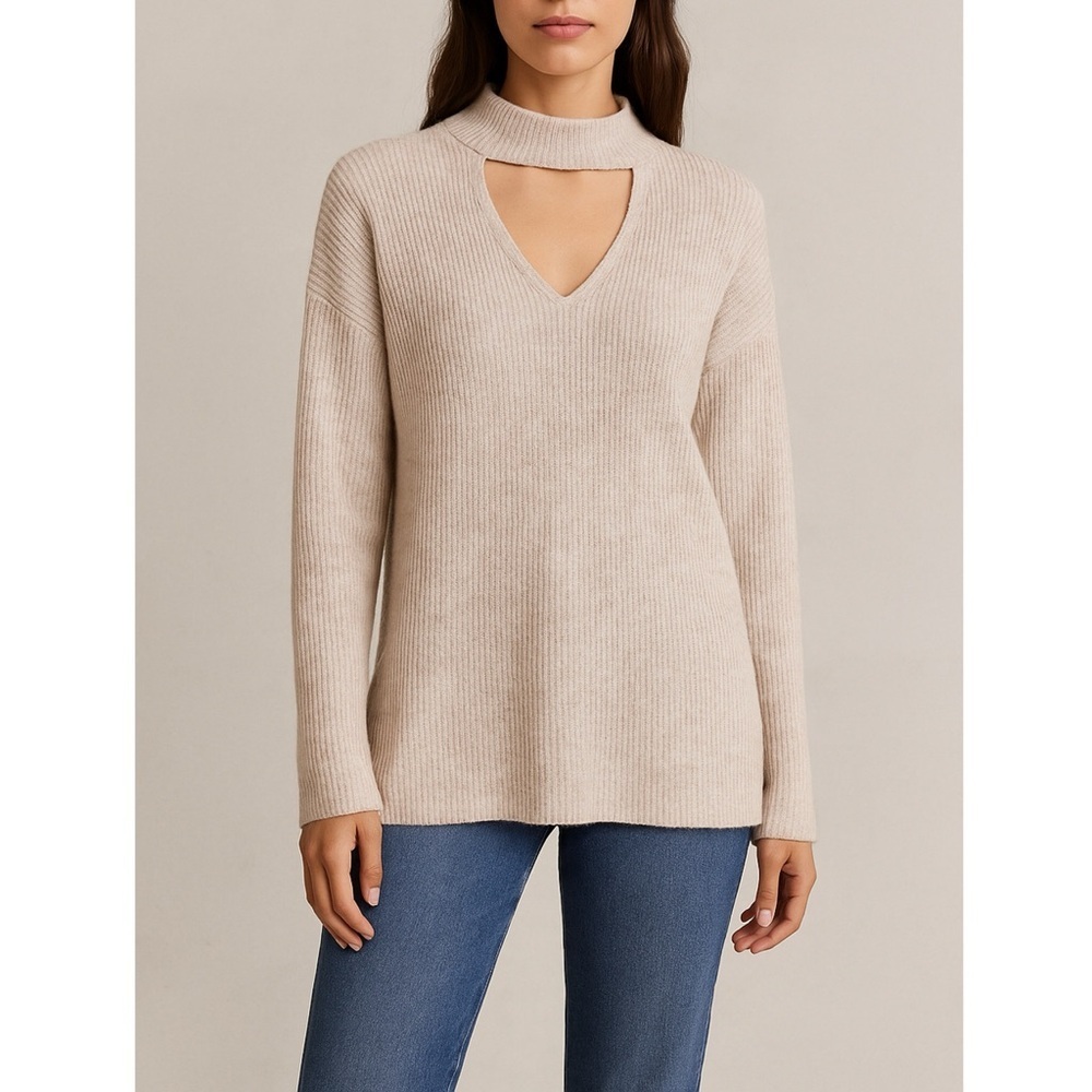 Dolan Left Coast Rebecca Cutout Mock Neck Rib Knit Oatmeal Cream Sweater XS